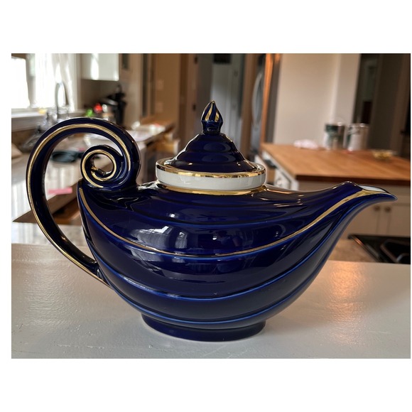 Hall USA Other - Hall Vtg Aladdin China Teapot Blue Gold Accent 6 Cup Teapot with Strainer 1930s